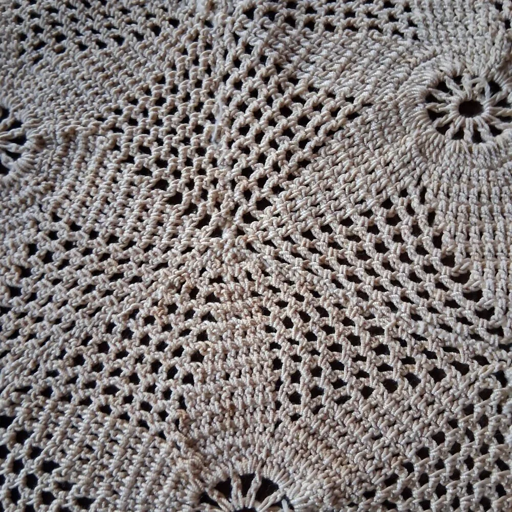 Hand Crocheted Ivory Table Runner • Beige Star Motif • Silk Thread Lace • 64
